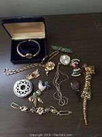 Photo of all costume jewelry pieces spread out including the Gucci watch in its box