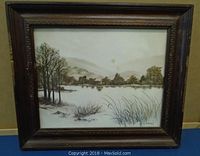 Frontal view of the framed watercolour painting showing the entire artwork and dark wooden frame with carved edges.