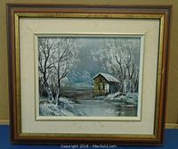 Full view of framed oil on board painting depicting a snowy riverside cabin landscape, wood frame with wear.