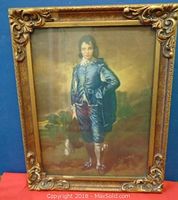 Full view of Blue Boy vintage print in ornate carved gold frame with wear and a chip in the frame.