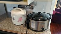 Shows Tiger electric rice cooker and Everstar crock pot side by side on countertop