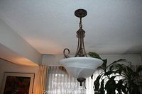 Light fixture hanging from ceiling with white frosted glass bowl and bronze metal frame, visible chain for suspension.