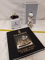 Full lot overview showing monkey statue, frog figurine, book and original Lladro boxes