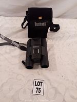 Front view of Bushnell binoculars with carrying case visible behind.