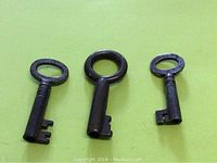 Three antique skeleton keys placed side by side on a green background, showing the front sides with two oval bows and one round bow key in the center.
