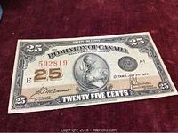 Front side of the 1923 Dominion of Canada 25 cents shinplaster note showing denomination and design details.