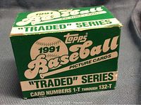 Box of 1991 Topps Baseball "Traded" Series cards showing box front with card numbers 1-T through 132-T