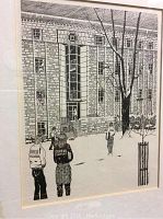 Framed artwork showing a Queens Campus building scene with several figures, done in black and white ink style.