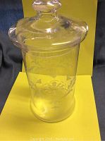 Front view of the etched glass general store container showing floral etching and shape