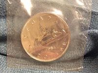 Front view of the sealed 1981 Canadian one dollar coin showing the Voyageur design with two men in a canoe and a maple leaf.