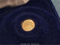 Close-up of the miniature gold Krugerrand coin in blue velvet presentation box showing coin details.
