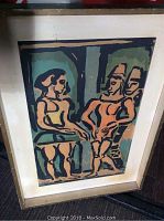 Front view of framed silkscreen art depicting three stylized circus figures with muted tones and bold black outlines.