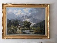 Mountain landscape oil painting by Josef Kugler in ornate gold-tone frame