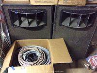 Pair of large black horn speakers side by side with box of cables in front.