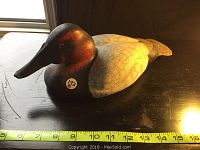 Side angle showing full 14 inch length of the Canvas Back Duck decoy on a dark surface with visible wear and coloration.