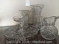Full set of six cut crystal items including vegetable tray, two vases, candy dish, pitcher, small bowl
