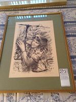 Framed artwork depicting a person in uniform embracing a stone wall, matted and framed in light wood.