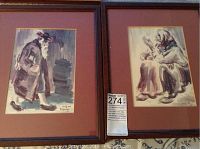 Two framed lithographs shown side by side: a walking man and a seated woman.