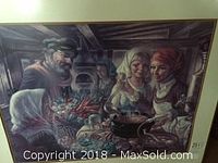 Framed signed lithograph print showing four people in a rustic kitchen environment with food and cooking equipment