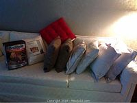 All cushions and the two new Snuggie couch covers displayed on a white couch.