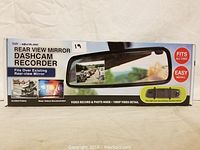 Box front showing iTek Soundlogic rear view mirror dashcam recorder. Fits over existing mirror, easy install, fits all cars. Shows product image with screen embedded in mirror.