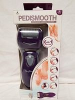 Front view of Pedismooth foot exfoliator device packaged in box, showing the device roller head and branding.