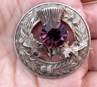 Front view of round silver brooch showing detailed thistle design and large purple glass stone center.