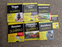 12 'For Dummies' books laid flat showing front covers. Topics: Yoga, Canadian Wine, Texas Hold'em, Russian, Pregnancy for Canadians, Blackberry.