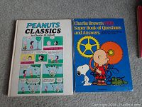 Two vintage Peanuts books with illustrated covers showing Peanuts characters, including one titled 'Peanuts Classics' and another 'Charlie Browns Fifth Super Book of Questions and Answers'