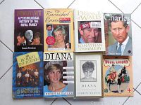 Photo showing 7 books related to British Royal Family including books about Diana, Prince Charles, and the royal family history titled Inheritance, The Tarnished Crown, Prince of Wales, Charles, The Royal Invitation, Diana, Diana Her True Story, and Royal London.