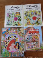 Four Disney children's books on a wooden surface including two Disney's Wonderful World of Knowledge yearbooks from 1963 and 1967, a Disney Princess book, and How It Works At Home book.
