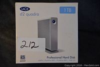 Front of the LaCie d2 Quadra 1TB hard disk box showing model and capacity.
