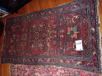Full view of runner rug on hardwood floor; red field with central medallion and floral border; fringed ends visible