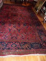 Full view of red and navy Oriental rug laid flat on hardwood floor