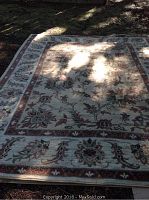 Full view of large rectangular area rug laid on ground, showing overall pattern and colors in shadow and light.