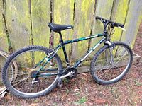 Side view of green and black Diamond Back Sorrento Sport mountain bike with visible drivetrain, tires and frame branding.