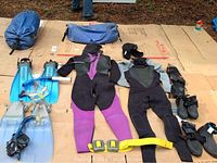 Photo showing all items arranged on cardboard including wetsuits, wet shoes, gloves, helmets, flippers, masks, snorkels, weight belt, spear gun, and carrying bag.