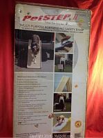Front and side views of the Petstep II ramp box showing product name, pictures of usage, and features of the multi-purpose ramp.