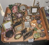 Tray containing assorted decorative frames, trinket boxes, clock, brooch, dish and figurine