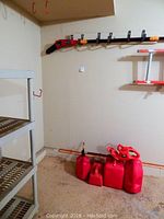 Corner view showing pole saw mounted above gas cans and hedge trimmer on floor below, some shelving visible