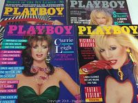 Photo of four Playboy magazine covers showing variety of cover models and years, 1970s and 80s era.