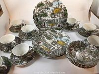 Full set of Myott The Hunter china including cups, saucers, dinner plates and bowls arranged for display.