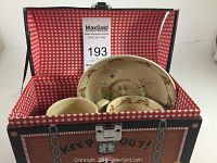 Full set inside vintage cardboard treasure chest with red gingham lining