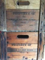 Close-up photo showing front side of two vintage wooden crates stacked, showing printed text "PROPERTY OF THE GEORGIAN BAY FRUIT GROWERS LIMITED THORNBURY ONT."
