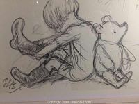 Close-up detail of the charcoal print showing Christopher Robin stretching, signed with initials EHS.