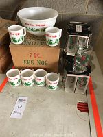 Photo showing 7-piece Anchor Hocking egg nog set with original box and 13 Christmas glasses, some boxed.