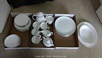 Wedgewood Doric china dinner plates, platters, bowls and tea set in cardboard trays