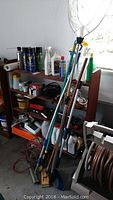 Wood shelf with cans of Raid, cleaning liquids, and battery charger on middle shelf, long-handled cleaning tools and garden hose in front
