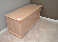 Wooden chest closed view showing light-colored wood with panel front and top