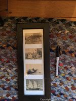 Black wood frame containing four small naval and carriage scene engravings arranged vertically
